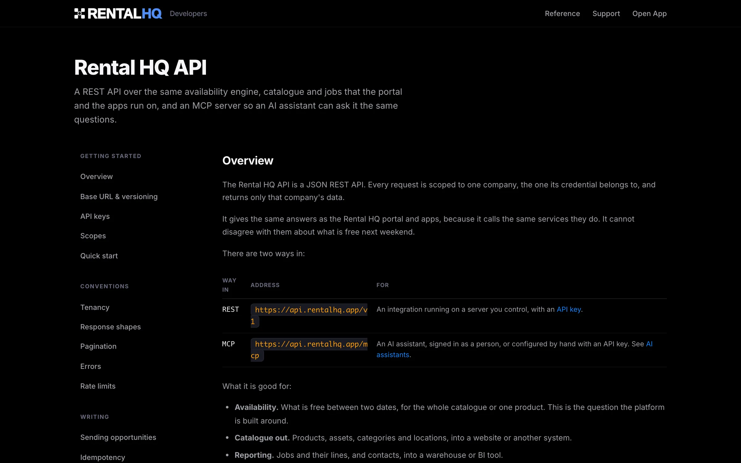 The Rental HQ developer site, with the API guide and the section on connecting AI assistants